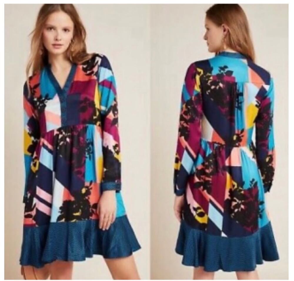 Anthropologie Maeve Gillian XL Abstract Shirt Dress geometric abstract V-neck
